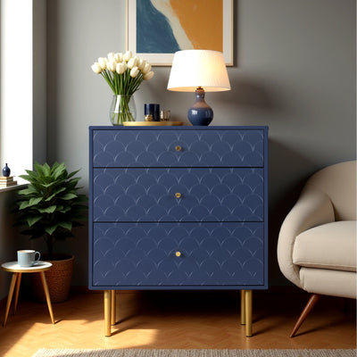 Commode à Tiroirs Bleu Marine avec Motif Écaille de Poisson, Pieds Champagne et Angles Arrondis (H89xL75xP40cm) KAUGZUN