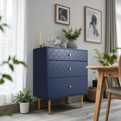 Commode à Tiroirs Bleu Marine avec Motif Écaille de Poisson, Pieds Champagne et Angles Arrondis (H89xL75xP40cm) KAUGZUN