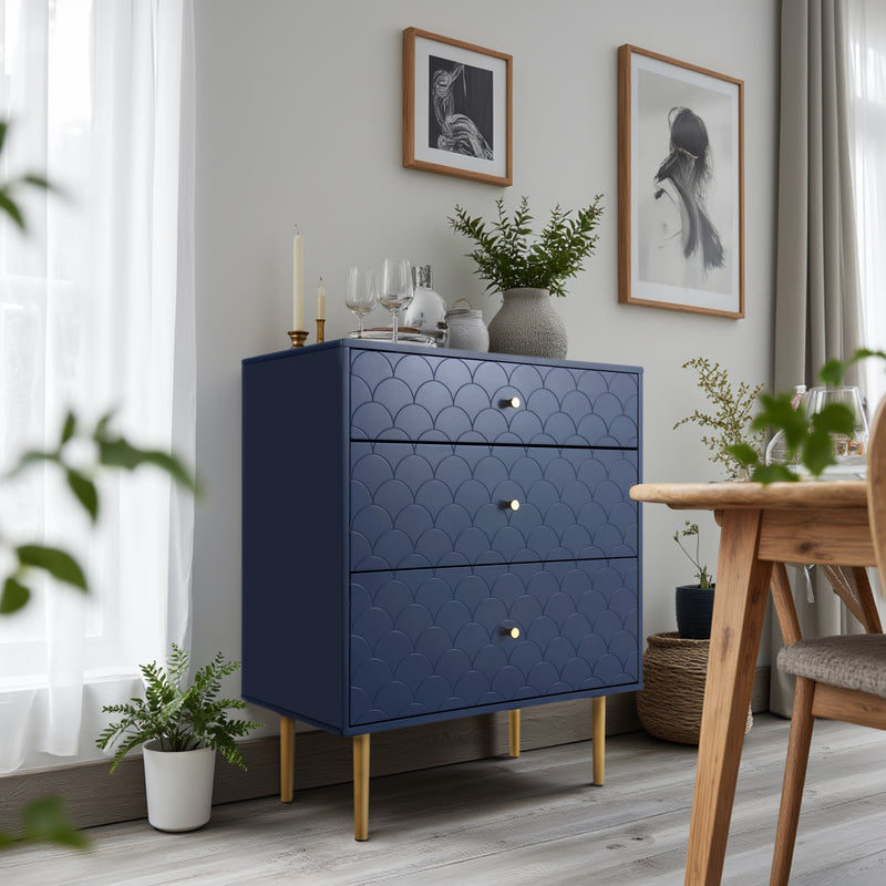 Commode à Tiroirs Bleu Marine avec Motif Écaille de Poisson, Pieds Champagne et Angles Arrondis (H89xL75xP40cm) KAUGZUN