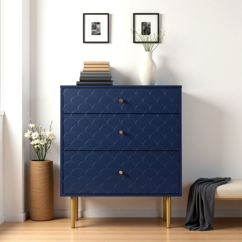 Commode à Tiroirs Bleu Marine avec Motif Écaille de Poisson, Pieds Champagne et Angles Arrondis (H89xL75xP40cm) KAUGZUN