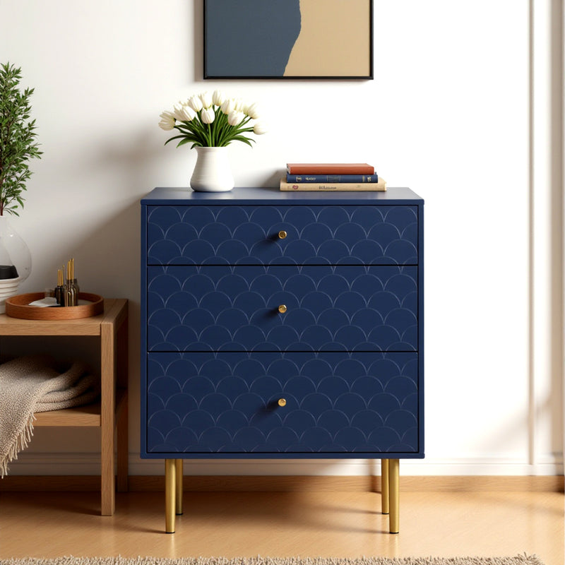 Commode à Tiroirs Bleu Marine avec Motif Écaille de Poisson, Pieds Champagne et Angles Arrondis (H89xL75xP40cm) KAUGZUN