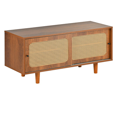 Meuble à Chaussures / Buffet en Noyer Moderne avec Portes en Rotin, Étagères Réglables et Pieds surélevés (104x40x48cm) KHAKNELS