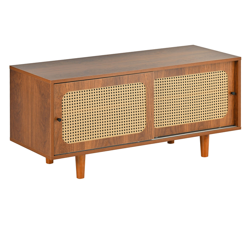 Meuble à Chaussures / Buffet en Noyer Moderne avec Portes en Rotin, Étagères Réglables et Pieds surélevés (104x40x48cm) KHAKNELS