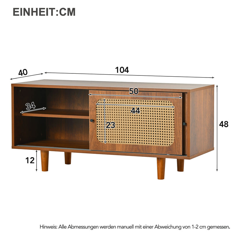 Meuble à Chaussures / Buffet en Noyer Moderne avec Portes en Rotin, Étagères Réglables et Pieds surélevés (104x40x48cm) KHAKNELS