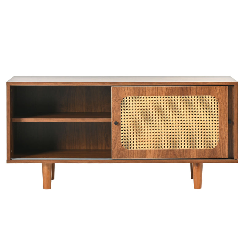 Meuble à Chaussures / Buffet en Noyer Moderne avec Portes en Rotin, Étagères Réglables et Pieds surélevés (104x40x48cm) KHAKNELS