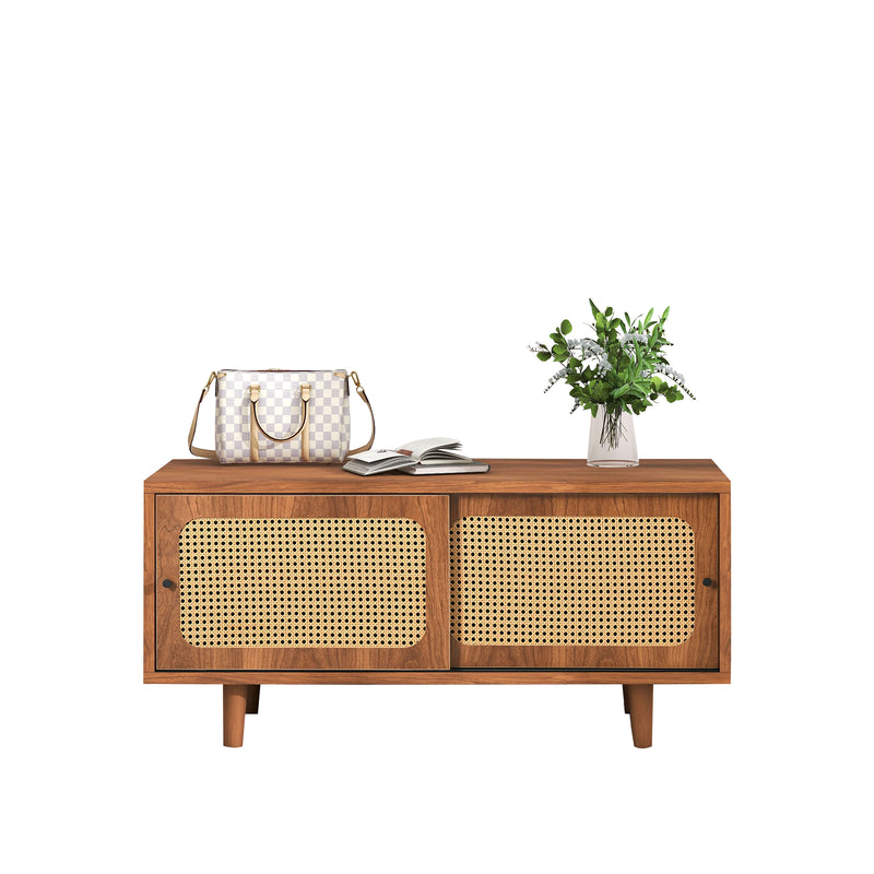 Meuble à Chaussures / Buffet en Noyer Moderne avec Portes en Rotin, Étagères Réglables et Pieds surélevés (104x40x48cm) KHAKNELS