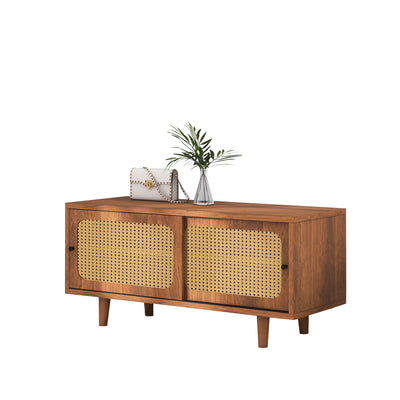 Meuble à Chaussures / Buffet en Noyer Moderne avec Portes en Rotin, Étagères Réglables et Pieds surélevés (104x40x48cm) KHAKNELS
