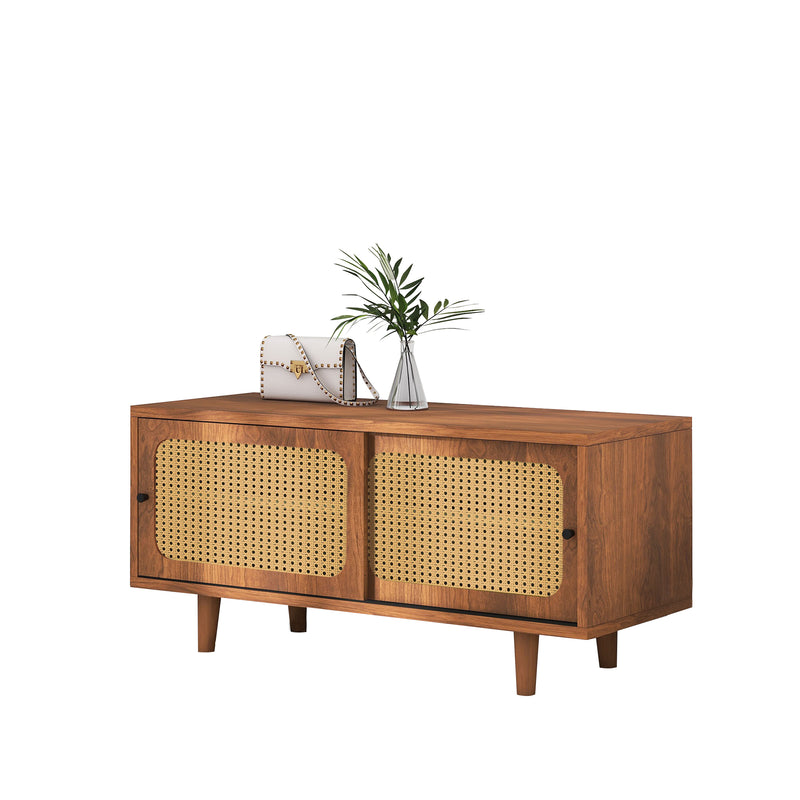 Meuble à Chaussures / Buffet en Noyer Moderne avec Portes en Rotin, Étagères Réglables et Pieds surélevés (104x40x48cm) KHAKNELS