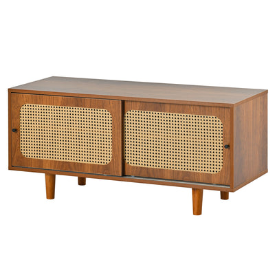 Meuble à Chaussures / Buffet en Noyer Moderne avec Portes en Rotin, Étagères Réglables et Pieds surélevés (104x40x48cm) KHAKNELS