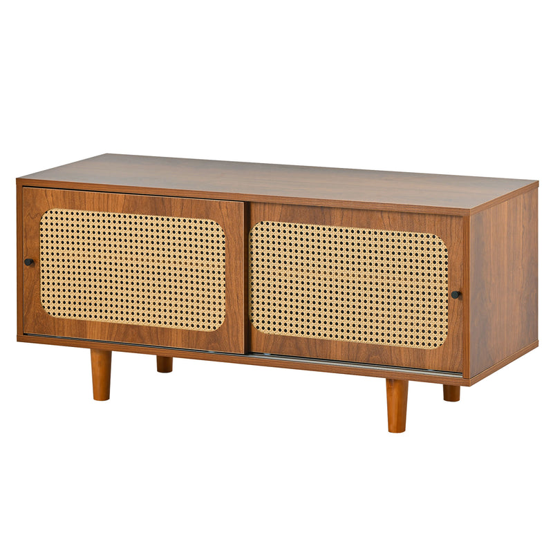 Meuble à Chaussures / Buffet en Noyer Moderne avec Portes en Rotin, Étagères Réglables et Pieds surélevés (104x40x48cm) KHAKNELS