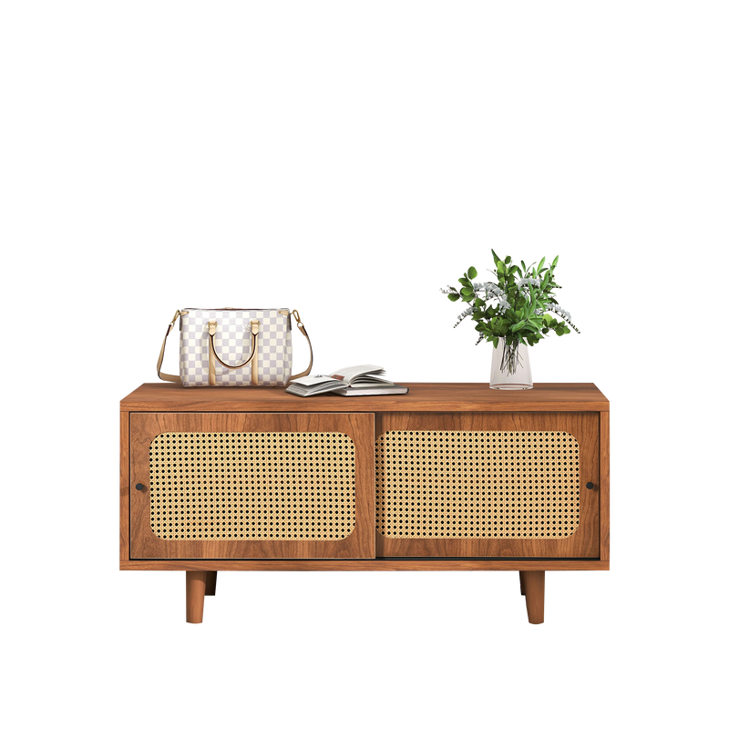 Meuble à Chaussures / Buffet en Noyer Moderne avec Portes en Rotin, Étagères Réglables et Pieds surélevés (104x40x48cm) KHAKNELS