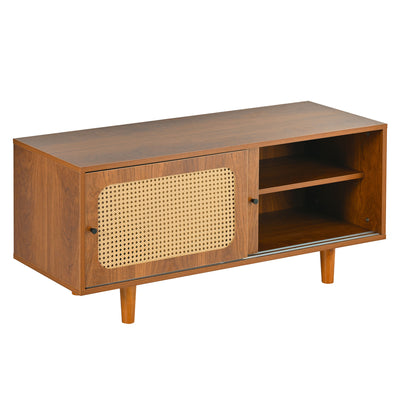 Meuble à Chaussures / Buffet en Noyer Moderne avec Portes en Rotin, Étagères Réglables et Pieds surélevés (104x40x48cm) KHAKNELS