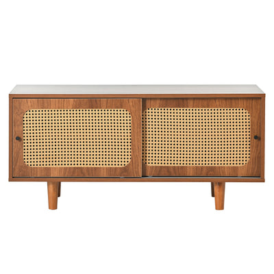 Meuble à Chaussures / Buffet en Noyer Moderne avec Portes en Rotin, Étagères Réglables et Pieds surélevés (104x40x48cm) KHAKNELS