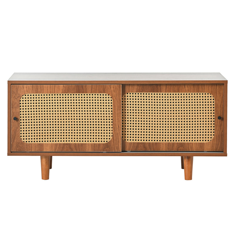 Meuble à Chaussures / Buffet en Noyer Moderne avec Portes en Rotin, Étagères Réglables et Pieds surélevés (104x40x48cm) KHAKNELS