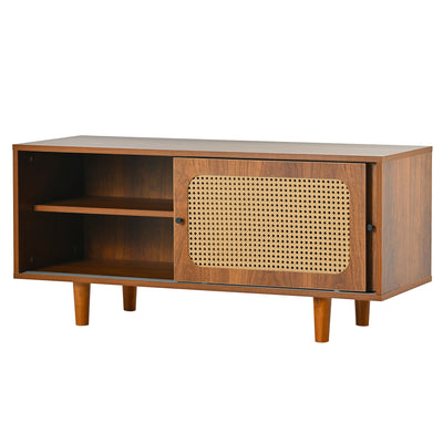 Meuble à Chaussures / Buffet en Noyer Moderne avec Portes en Rotin, Étagères Réglables et Pieds surélevés (104x40x48cm) KHAKNELS