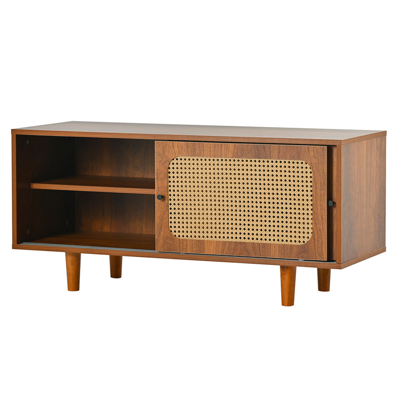 Meuble à Chaussures / Buffet en Noyer Moderne avec Portes en Rotin, Étagères Réglables et Pieds surélevés (104x40x48cm) KHAKNELS