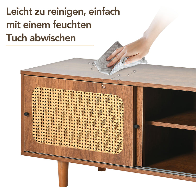 Meuble à Chaussures / Buffet en Noyer Moderne avec Portes en Rotin, Étagères Réglables et Pieds surélevés (104x40x48cm) KHAKNELS