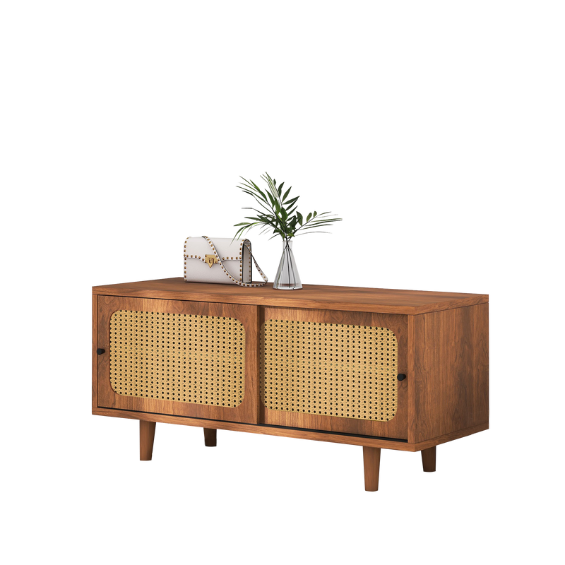 Meuble à Chaussures / Buffet en Noyer Moderne avec Portes en Rotin, Étagères Réglables et Pieds surélevés (104x40x48cm) KHAKNELS