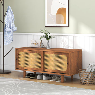 Meuble à Chaussures / Buffet en Noyer Moderne avec Portes en Rotin, Étagères Réglables et Pieds surélevés (104x40x48cm) KHAKNELS