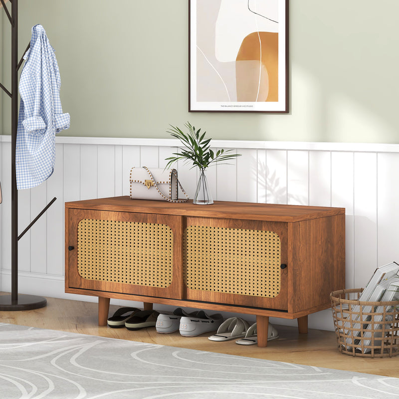 Meuble à Chaussures / Buffet en Noyer Moderne avec Portes en Rotin, Étagères Réglables et Pieds surélevés (104x40x48cm) KHAKNELS