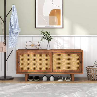 Meuble à Chaussures / Buffet en Noyer Moderne avec Portes en Rotin, Étagères Réglables et Pieds surélevés (104x40x48cm) KHAKNELS