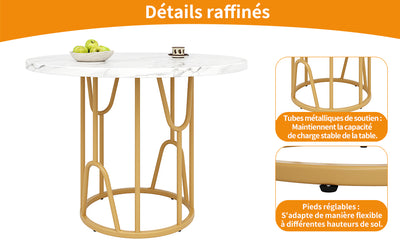 Table de Salle à Manger Ronde Noire Effet Marbre avec Piétement Métallique Doré (80x80x76cm) KHASE