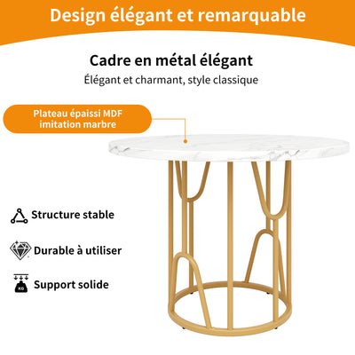 Table de Salle à Manger Ronde Noire Effet Marbre avec Piétement Métallique Doré (80x80x76cm) KHASE