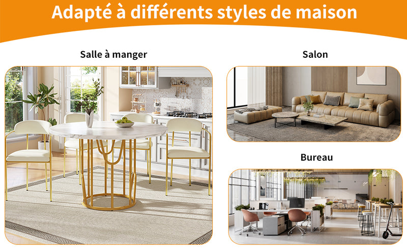 Table de Salle à Manger Ronde Noire Effet Marbre avec Piétement Métallique Doré (80x80x76cm) KHASE
