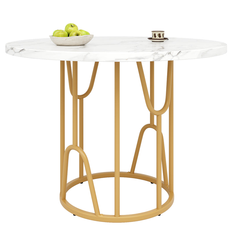 Table de Salle à Manger Ronde Noire Effet Marbre avec Piétement Métallique Doré (80x80x76cm) KHASE