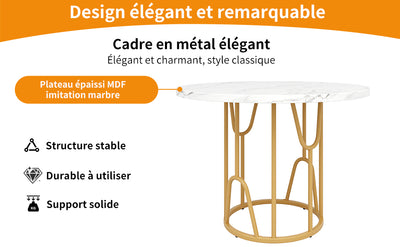 Table de Salle à Manger Ronde Noire Effet Marbre avec Piétement Métallique Doré (80x80x76cm) KHASE