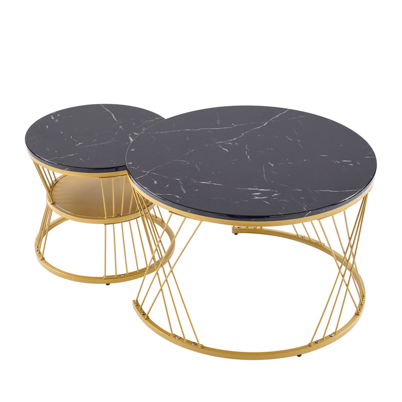 Ensemble de 2 Tables Basses Gigognes Rondes - Plateau Effet Marbre Noir et Pieds Dorés KHED