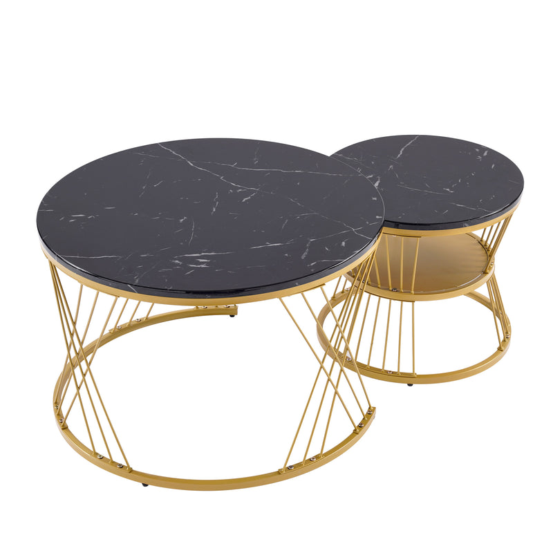Ensemble de 2 Tables Basses Gigognes Rondes - Plateau Effet Marbre Noir et Pieds Dorés KHED