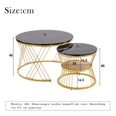 Ensemble de 2 Tables Basses Gigognes Rondes - Plateau Effet Marbre Noir et Pieds Dorés KHED