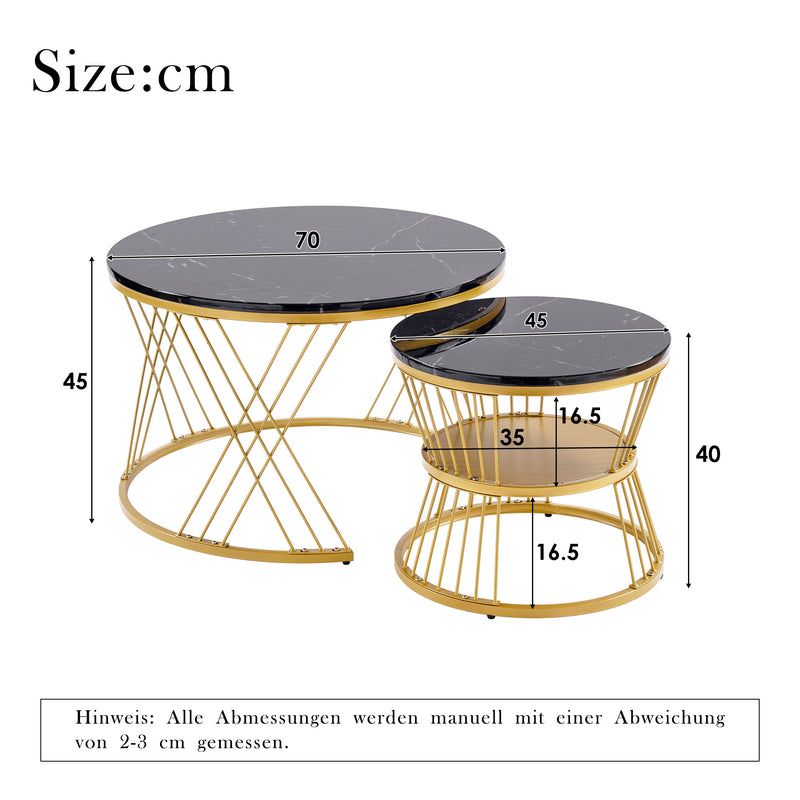 Ensemble de 2 Tables Basses Gigognes Rondes - Plateau Effet Marbre Noir et Pieds Dorés KHED