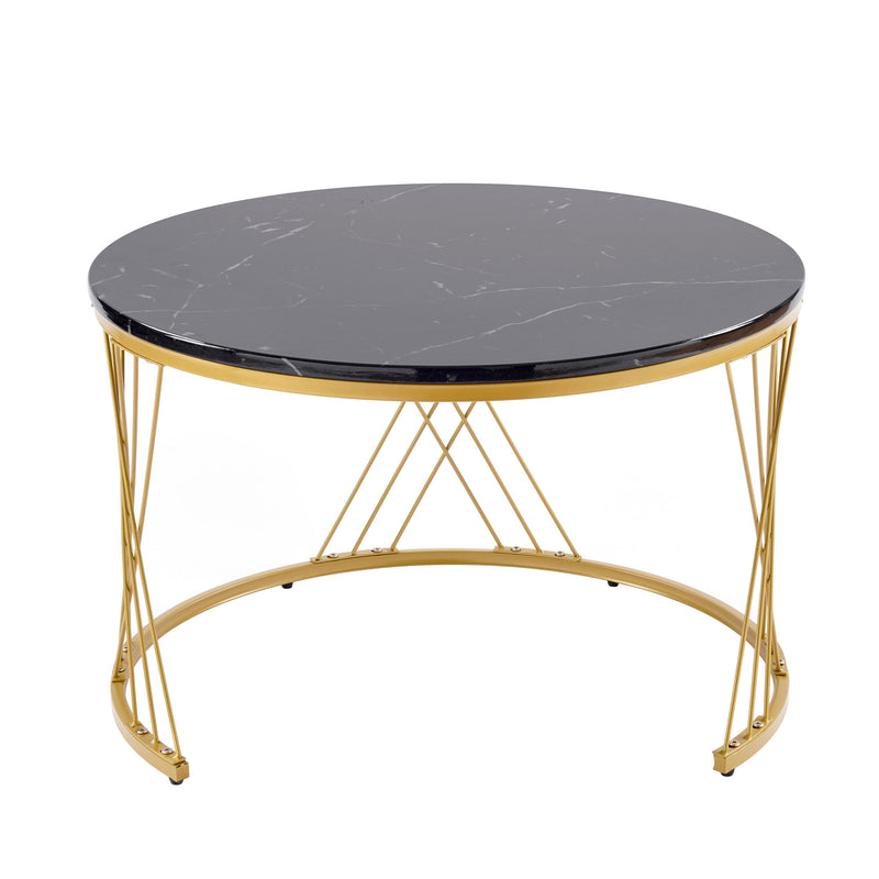 Ensemble de 2 Tables Basses Gigognes Rondes - Plateau Effet Marbre Noir et Pieds Dorés KHED