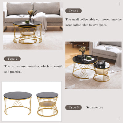 Ensemble de 2 Tables Basses Gigognes Rondes - Plateau Effet Marbre Noir et Pieds Dorés KHED