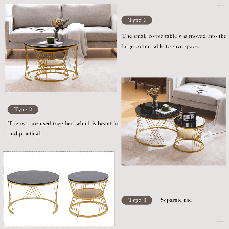 Ensemble de 2 Tables Basses Gigognes Rondes - Plateau Effet Marbre Noir et Pieds Dorés KHED