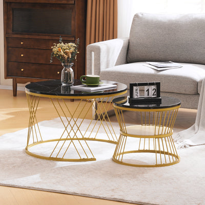 Ensemble de 2 Tables Basses Gigognes Rondes - Plateau Effet Marbre Noir et Pieds Dorés KHED