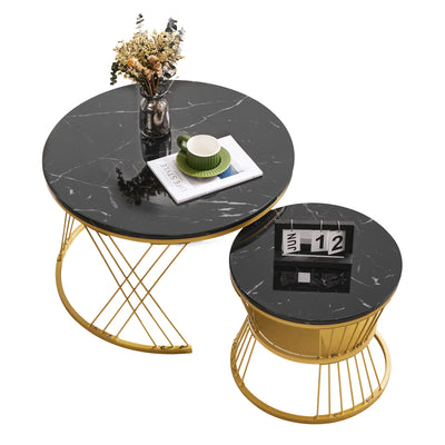 Ensemble de 2 Tables Basses Gigognes Rondes - Plateau Effet Marbre Noir et Pieds Dorés KHED