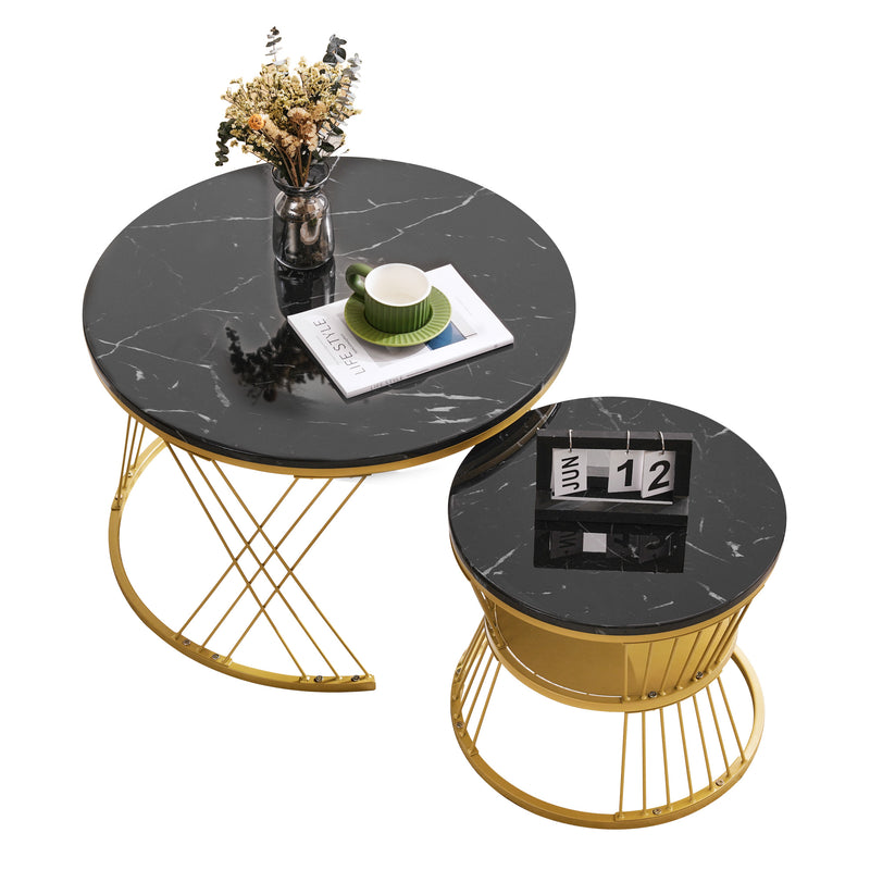 Ensemble de 2 Tables Basses Gigognes Rondes - Plateau Effet Marbre Noir et Pieds Dorés KHED