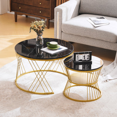 Ensemble de 2 Tables Basses Gigognes Rondes - Plateau Effet Marbre Noir et Pieds Dorés KHED