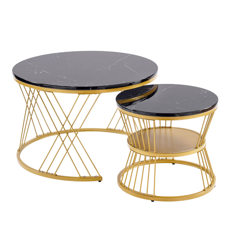 Ensemble de 2 Tables Basses Gigognes Rondes - Plateau Effet Marbre Noir et Pieds Dorés KHED