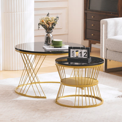 Ensemble de 2 Tables Basses Gigognes Rondes - Plateau Effet Marbre Noir et Pieds Dorés KHED