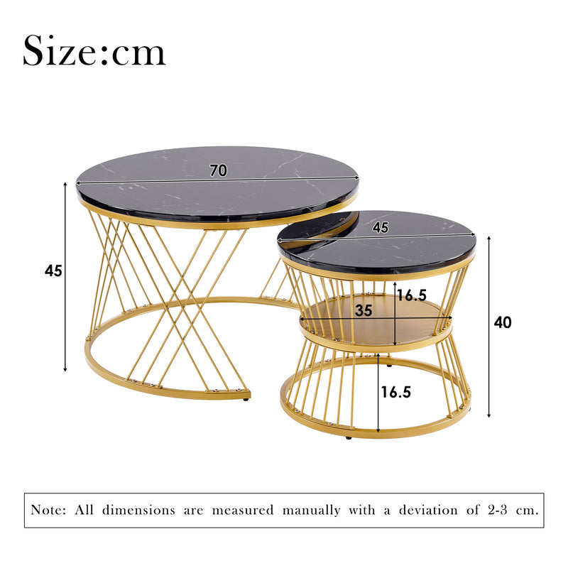 Ensemble de 2 Tables Basses Gigognes Rondes - Plateau Effet Marbre Noir et Pieds Dorés KHED
