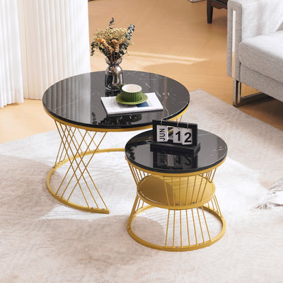 Ensemble de 2 Tables Basses Gigognes Rondes - Plateau Effet Marbre Noir et Pieds Dorés KHED