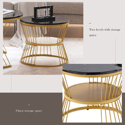 Ensemble de 2 Tables Basses Gigognes Rondes - Plateau Effet Marbre Noir et Pieds Dorés KHED