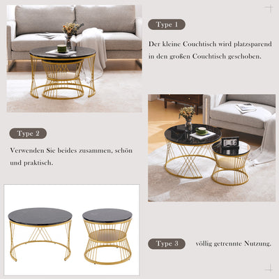Ensemble de 2 Tables Basses Gigognes Rondes - Plateau Effet Marbre Noir et Pieds Dorés KHED