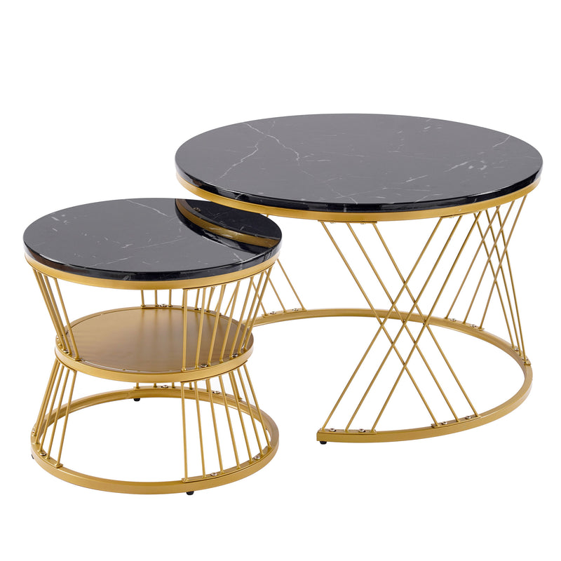 Ensemble de 2 Tables Basses Gigognes Rondes - Plateau Effet Marbre Noir et Pieds Dorés KHED