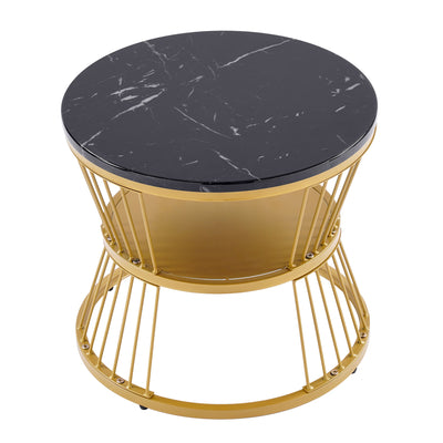 Ensemble de 2 Tables Basses Gigognes Rondes - Plateau Effet Marbre Noir et Pieds Dorés KHED
