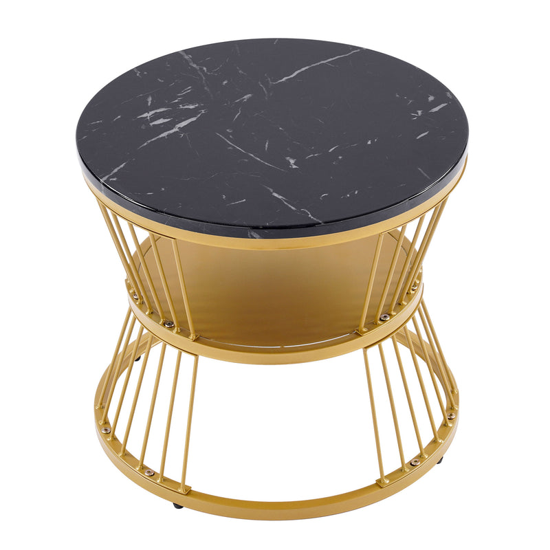 Ensemble de 2 Tables Basses Gigognes Rondes - Plateau Effet Marbre Noir et Pieds Dorés KHED
